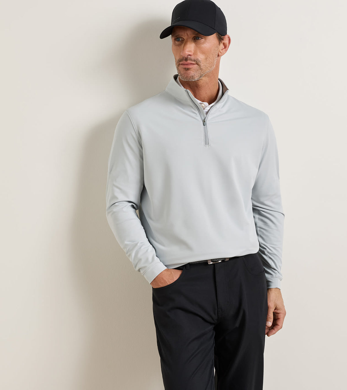 Peter Millar Perth Performance Quarter-Zip - British Grey, on model