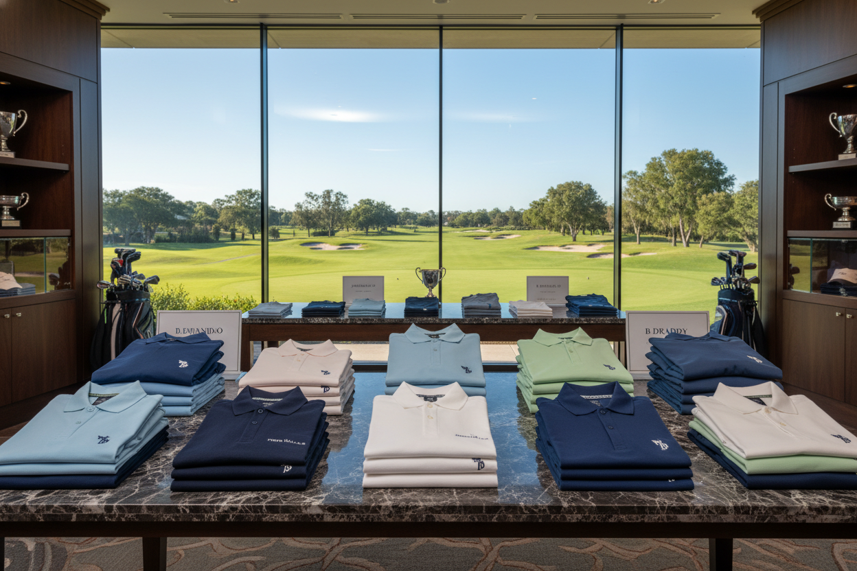 a table with custom branded apparel goods like peter millar, johnnie O, and B draddy. make it look classy with windows overlooking a golf course or good background